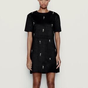 Zara Dress Womens S Black Faux Suede Rhinestones Short Sleeve Mini